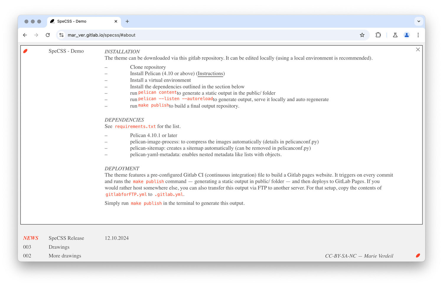 SpeCSS - Code documentation in the About section.